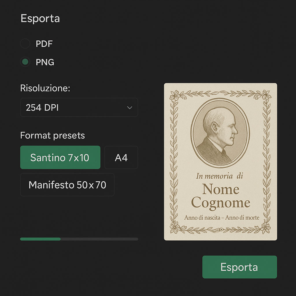 Opzioni di esportazione PDF e PNG per stampa