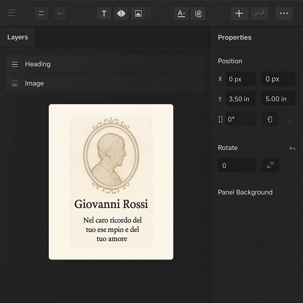 Editor principale Commemora AI con canvas e pannello strumenti